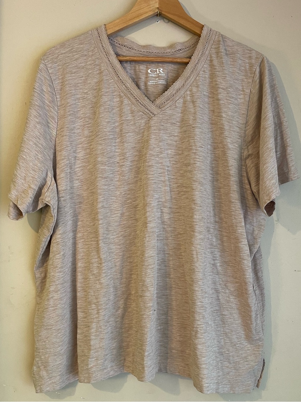 Carroll Reed Light Taupe Heather Slub Knit V Neck Short Sleeve T Shirt Tee 2X